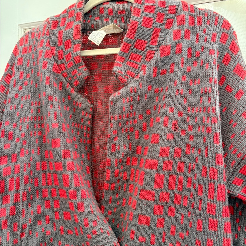 Vintage Abstract Jacket Cardigan – Oversized Notched Collar Red & Charcoal - Picture 4 of 5